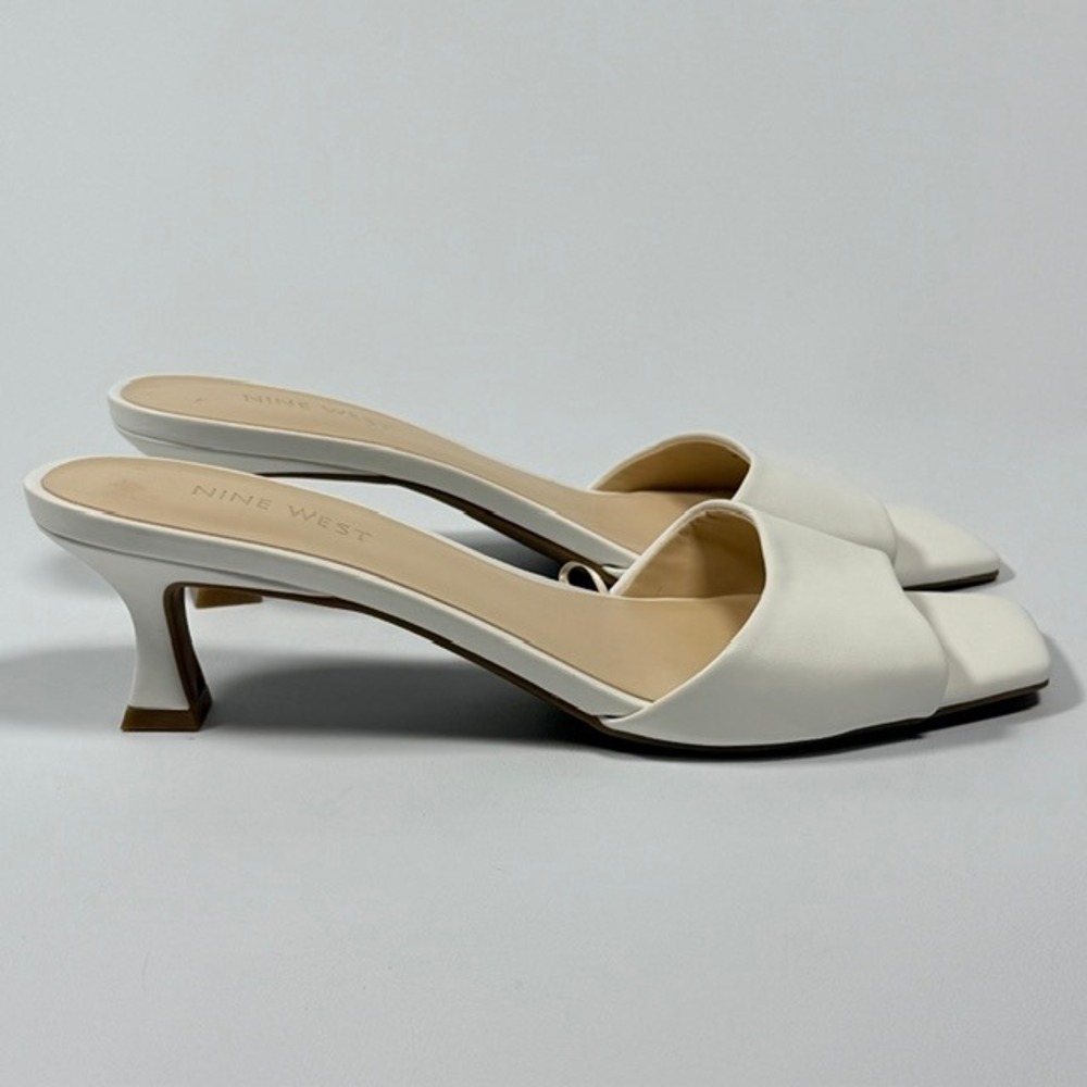 Nine West Womens White Square Toe Slide Sandals Kitten Heel Mules Size 8.5M